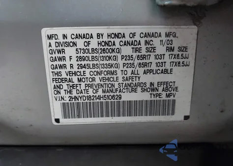 2004 Acura Mdx from USA, damaged, VIN 2HNYD18214H510629